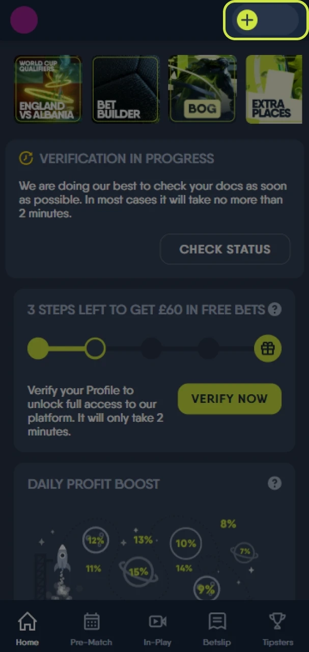 Find the Deposit button on the CopyBet website.